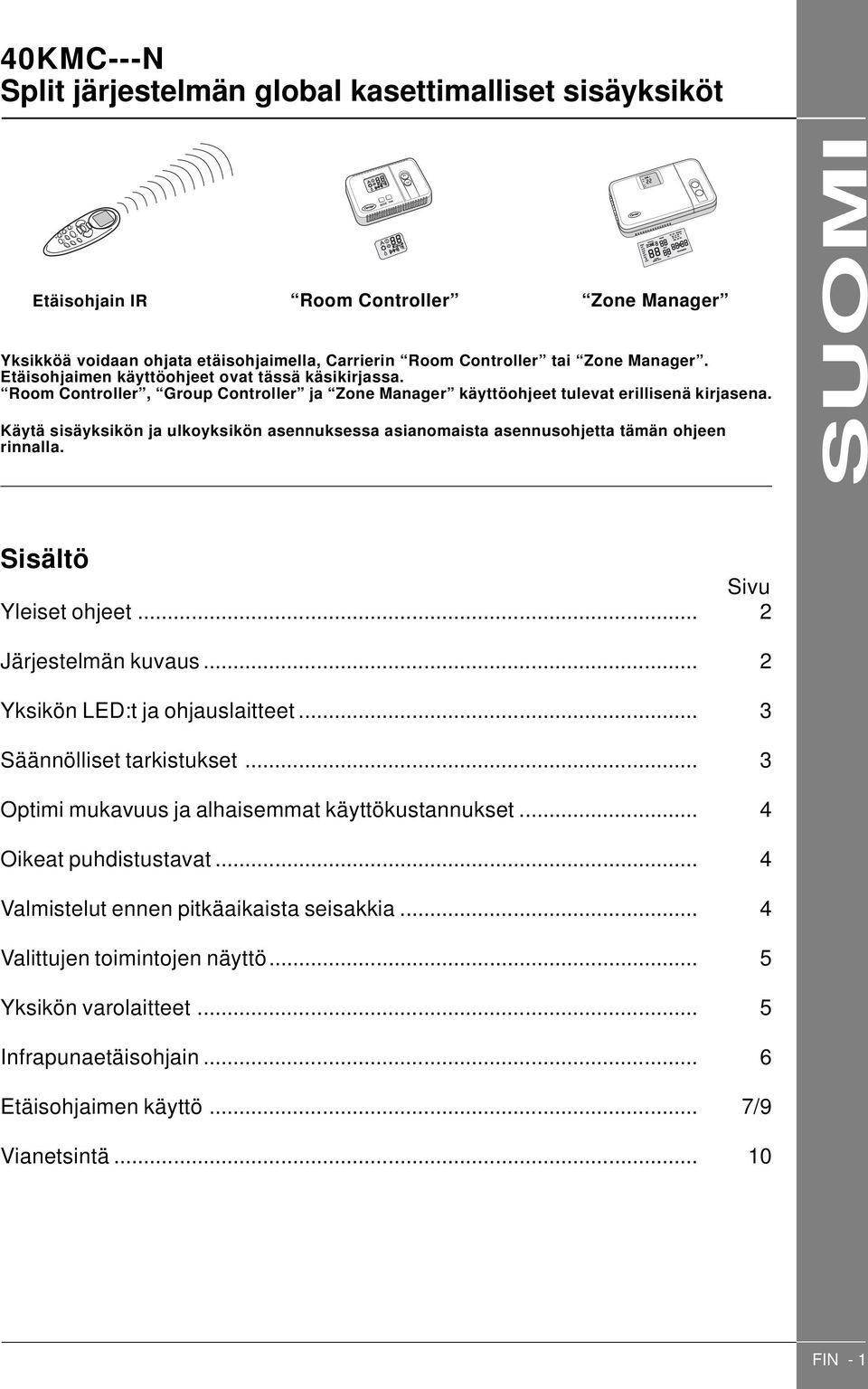 Käytä sisäyksikön ja ulkoyksikön asennuksessa asianomaista asennusohjetta tämän ohjeen rinnalla. SUOMI Sisältö Sivu Yleiset ohjeet... 2 Järjestelmän kuvaus... 2 Yksikön LED:t ja ohjauslaitteet.