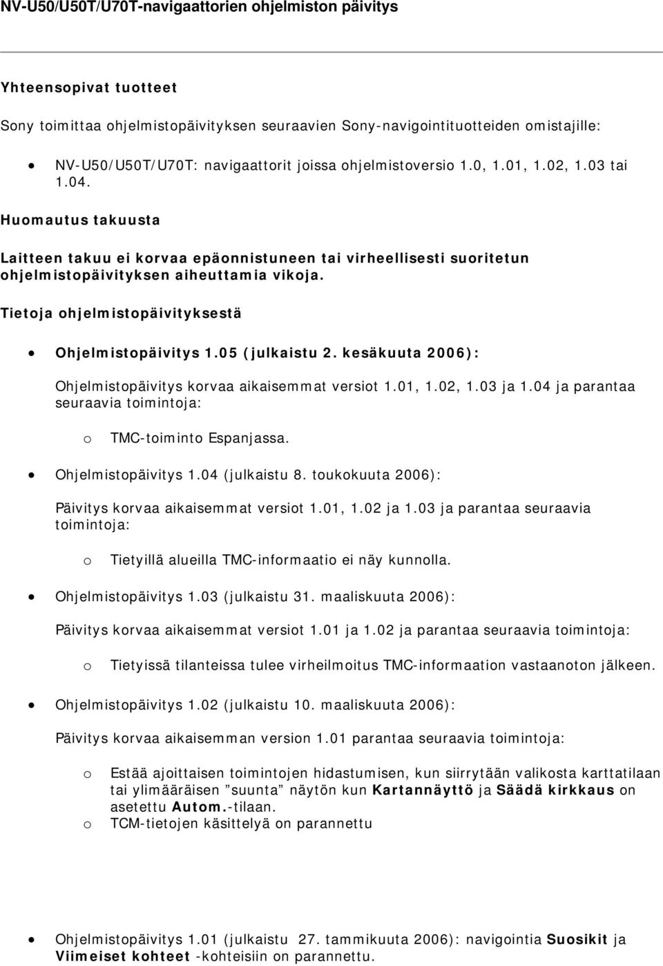 Tietja hjelmistpäivityksestä Ohjelmistpäivitys 1.05 (julkaistu 2. kesäkuuta 2006): Ohjelmistpäivitys krvaa aikaisemmat versit 1.01, 1.02, 1.03 ja 1.