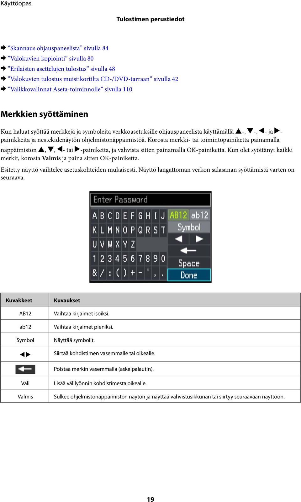 ja nestekidenäytön ohjelmistonäppäimistöä. Korosta merkki- tai toimintopainiketta painamalla näppäimistön u, d, l- tai r-painiketta, ja vahvista sitten painamalla OK-painiketta.