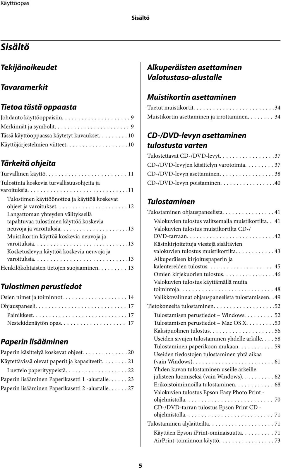 ..12 Langattoman yhteyden välityksellä tapahtuvaa tulostimen käyttöä koskevia neuvoja ja varoituksia...13 Muistikortin käyttöä koskevia neuvoja ja varoituksia.