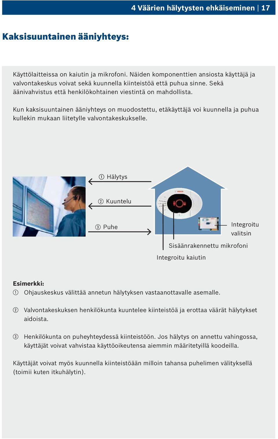 Kun kaksisuuntainen ääniyhteys on muodostettu, etäkäyttäjä voi kuunnella ja puhua kullekin mukaan liitetylle valvontakeskukselle.