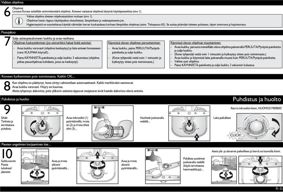 Tehopesua 65). Se auttaa pitämään laitteen puhtaana, täysin toimivana ja hajuttomana. Pesujakso Sulje astianpesukoneen luukku ja avaa vesihana.