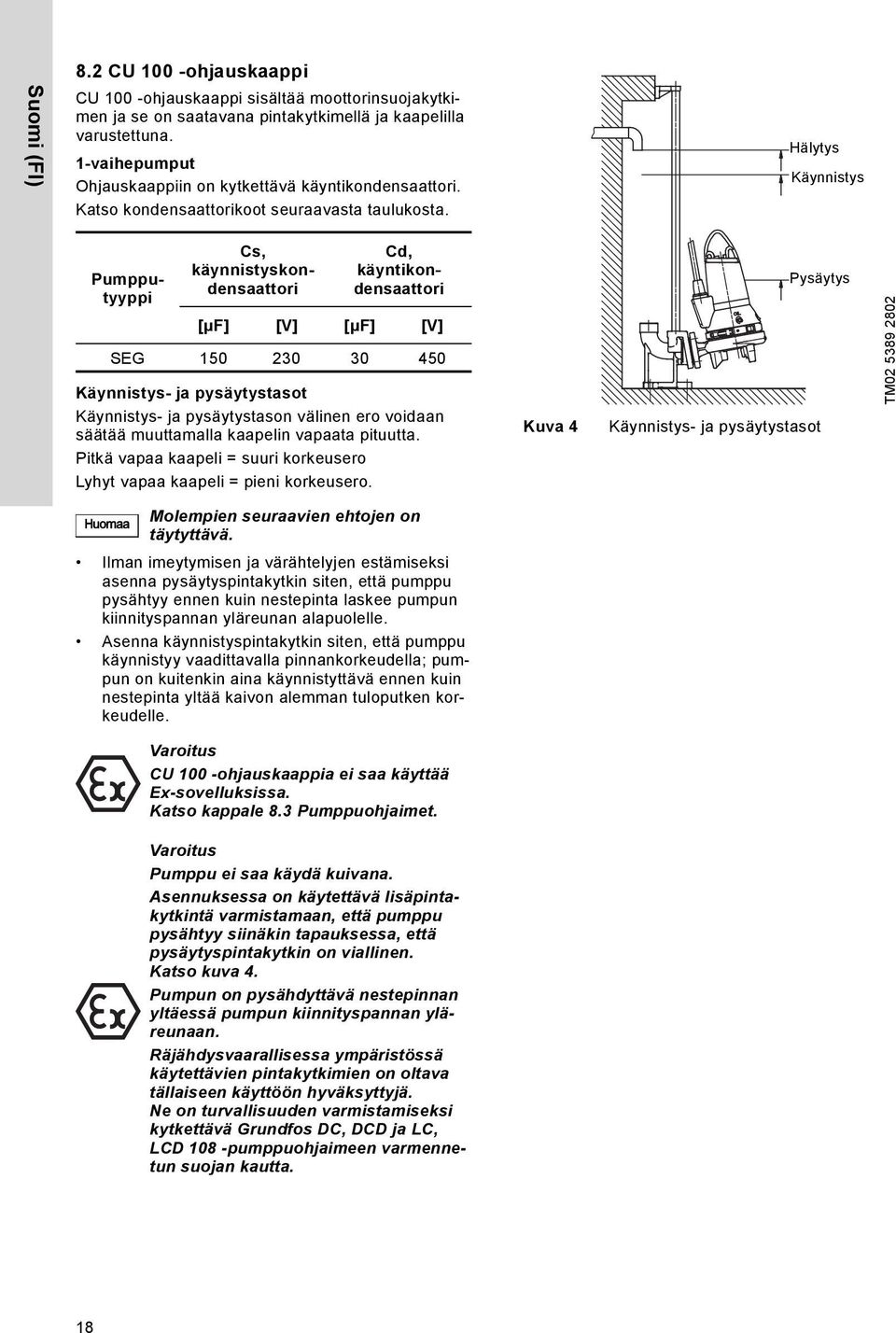 Hälytys Käynnistys Pumpputyyppi Cs, käynnistyskondensaattori Cd, käyntikondensaattori [μf] [V] [μf] [V] SEG 150 230 30 450 Käynnistys- ja pysäytystasot Käynnistys- ja pysäytystason välinen ero