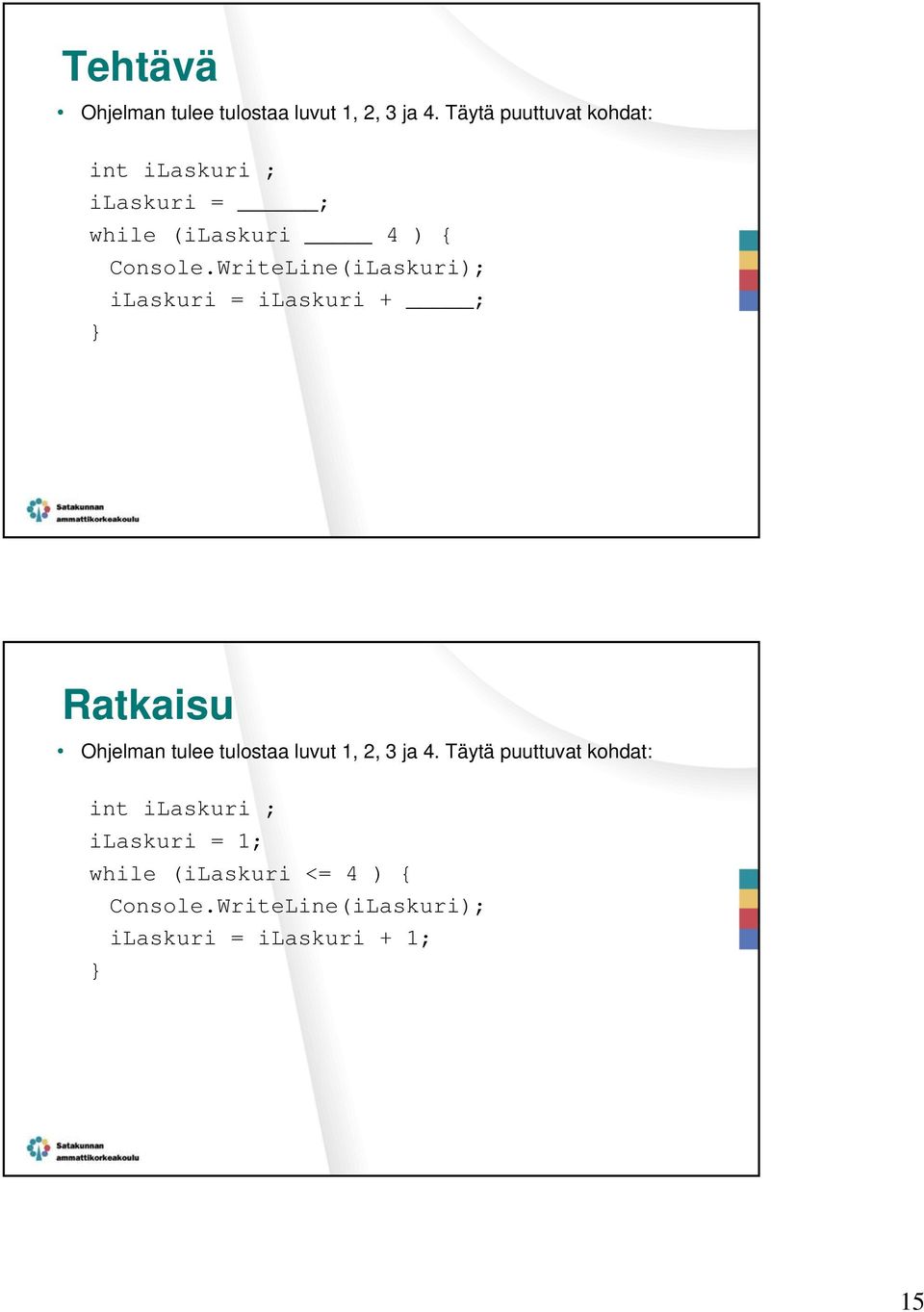 WriteLine(iLaskuri); ilaskuri = ilaskuri + ; Ratkaisu Ohjelman tulee tulostaa luvut 1, 2, 3