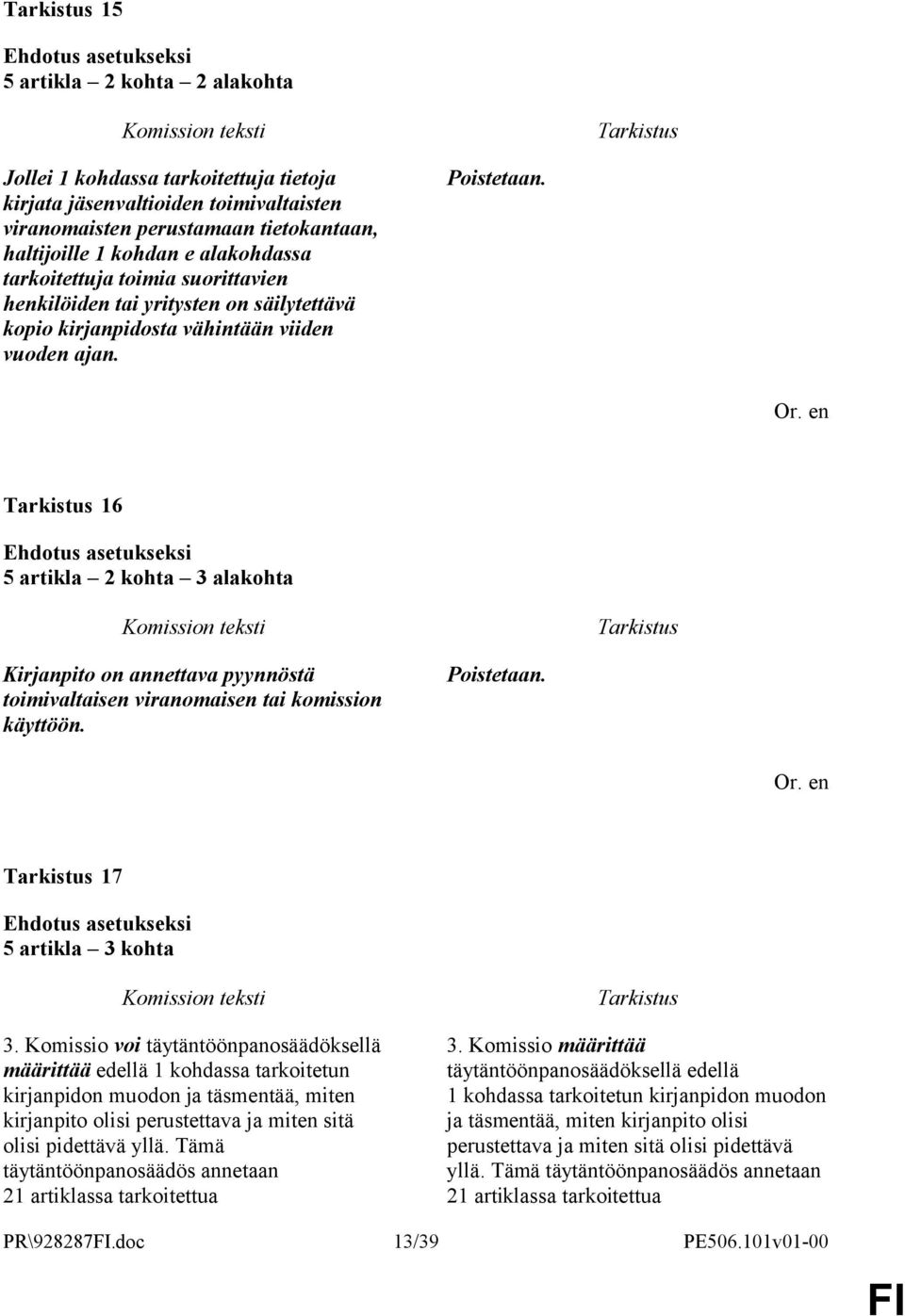 16 5 artikla 2 kohta 3 alakohta Kirjanpito on annettava pyynnöstä toimivaltaisen viranomaisen tai komission käyttöön. Poistetaan. 17 5 artikla 3 kohta 3.