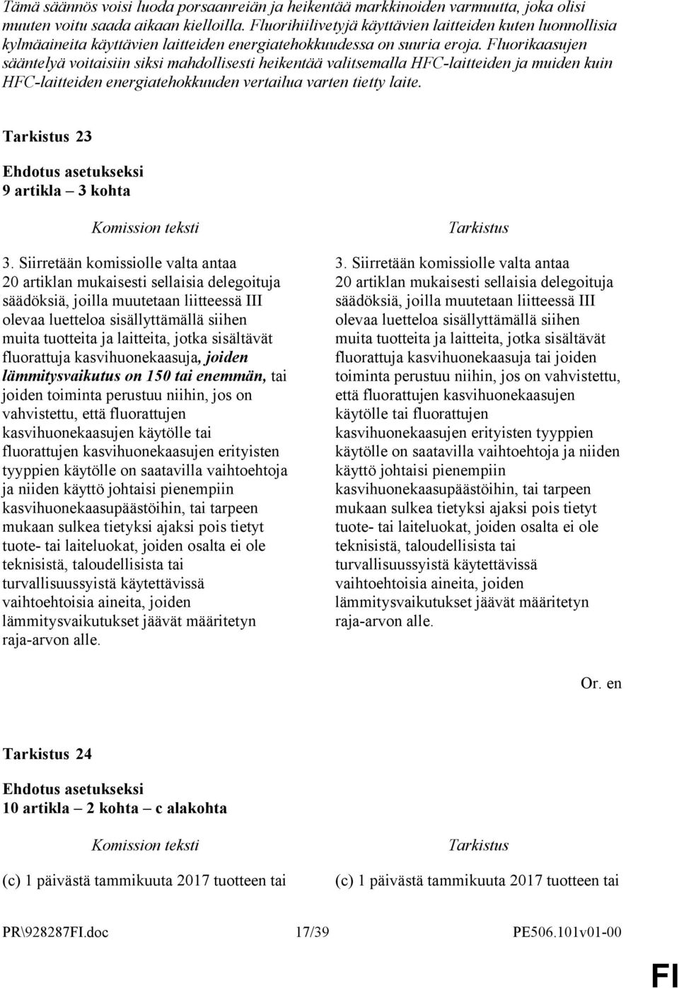 Fluorikaasujen sääntelyä voitaisiin siksi mahdollisesti heikentää valitsemalla HFC-laitteiden ja muiden kuin HFC-laitteiden energiatehokkuuden vertailua varten tietty laite. 23 9 artikla 3 kohta 3.