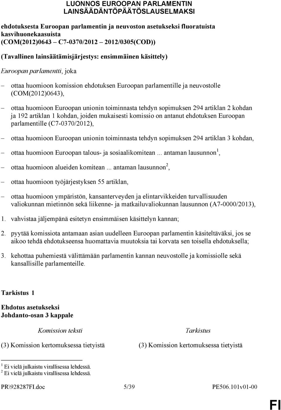 unionin toiminnasta tehdyn sopimuksen 294 artiklan 2 kohdan ja 192 artiklan 1 kohdan, joiden mukaisesti komissio on antanut ehdotuksen Euroopan parlamentille (C7-0370/2012), ottaa huomioon Euroopan