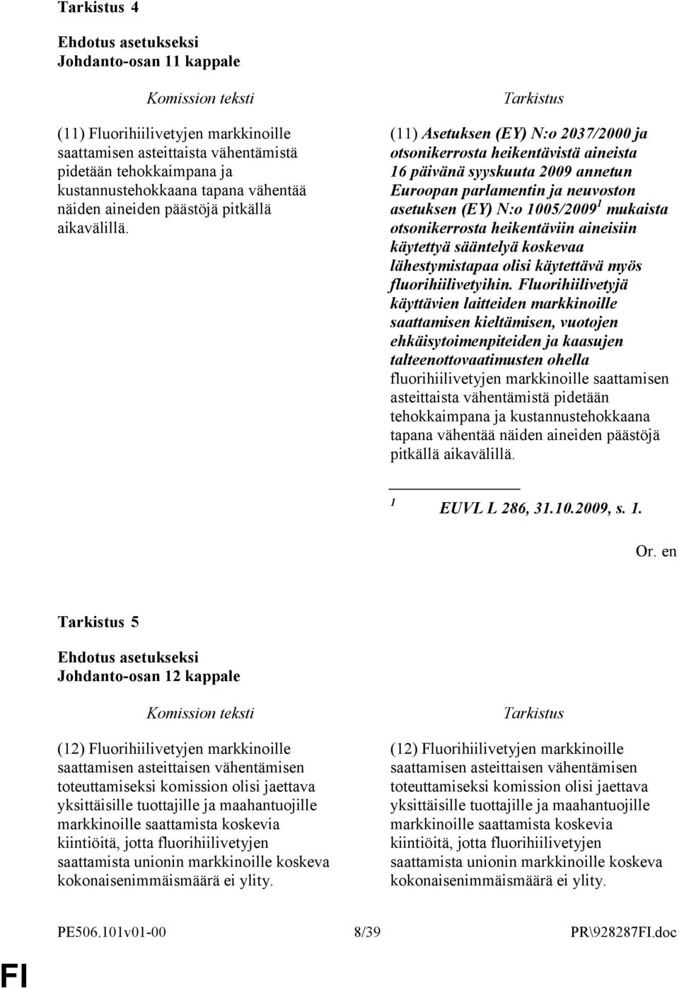 (11) Asetuksen (EY) N:o 2037/2000 ja otsonikerrosta heikentävistä aineista 16 päivänä syyskuuta 2009 annetun Euroopan parlamentin ja neuvoston asetuksen (EY) N:o 1005/2009 1 mukaista otsonikerrosta