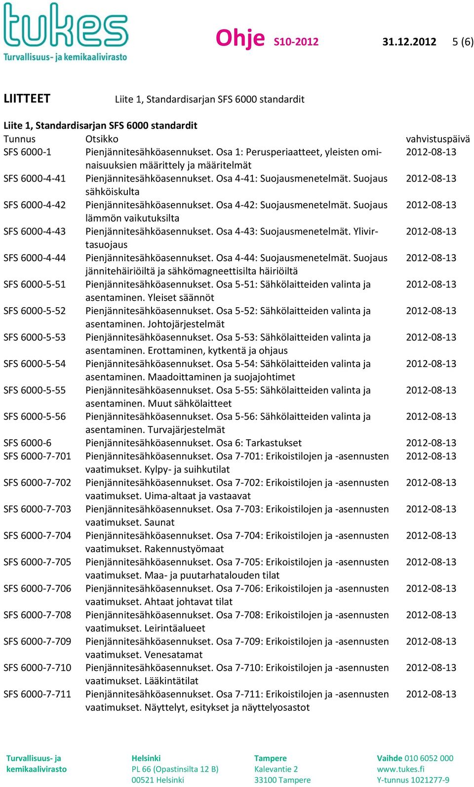 Suojaus sähköiskulta SFS 6000-4-42 Pienjännitesähköasennukset. Osa 4-42: Suojausmenetelmät. Suojaus lämmön vaikutuksilta SFS 6000-4-43 Pienjännitesähköasennukset. Osa 4-43: Suojausmenetelmät.