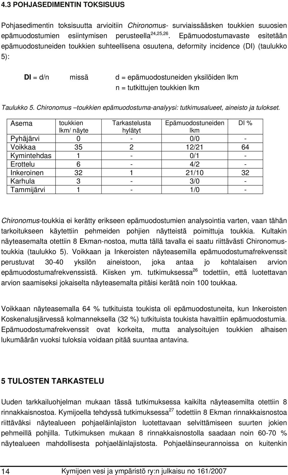 Taulukko 5. Chironomus toukkien epämuodostuma-analyysi: tutkimusalueet, aineisto ja tulokset.