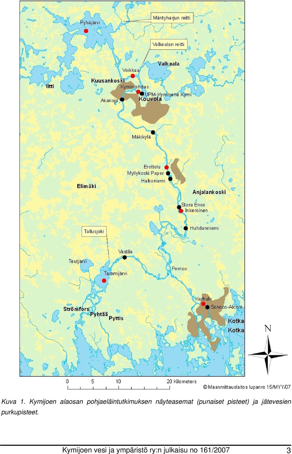 näyteasemat (punaiset pisteet) ja