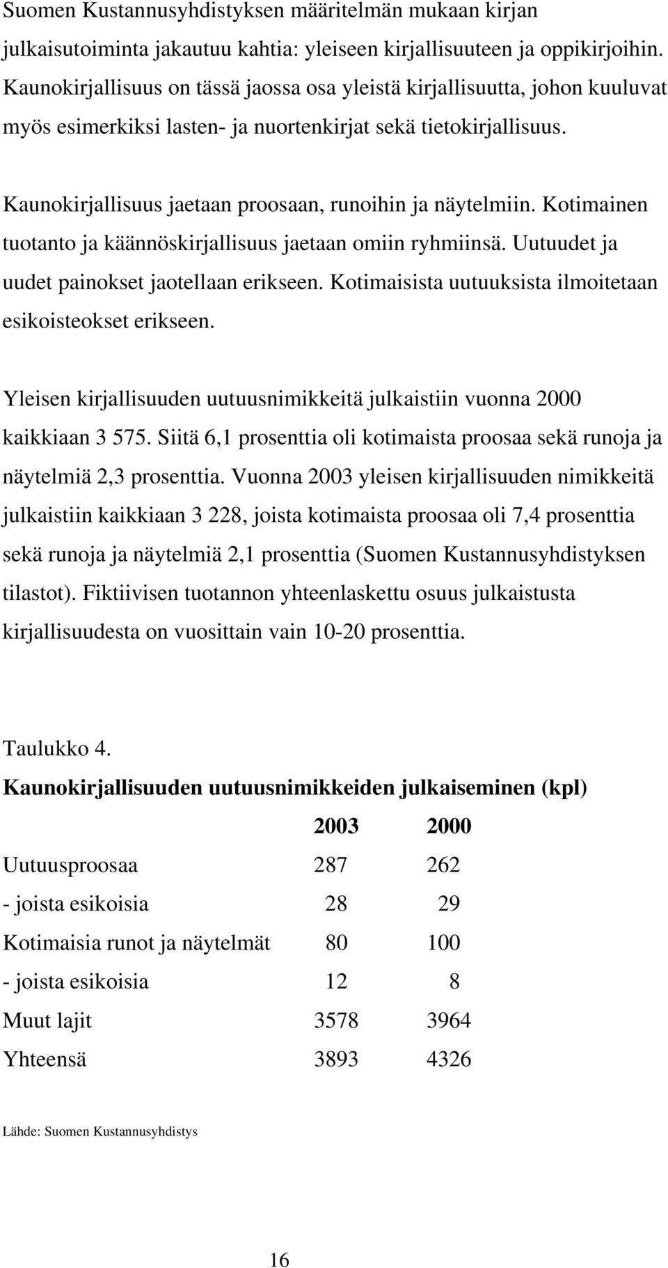 Kaunokirjallisuus jaetaan proosaan, runoihin ja näytelmiin. Kotimainen tuotanto ja käännöskirjallisuus jaetaan omiin ryhmiinsä. Uutuudet ja uudet painokset jaotellaan erikseen.