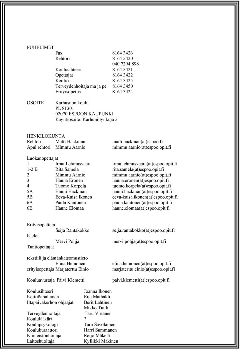 fi Luokanopettajat 1 Irma Lehmusvaara irma.lehmusvaara(at)espoo.opit.fi 1-2 B Rita Samela rita.samela(at)espoo.opit.fi 2 Mimmu Aarnio mimmu.aarnio(at)espoo.opit.fi 3 Hanna Eronen hanna.