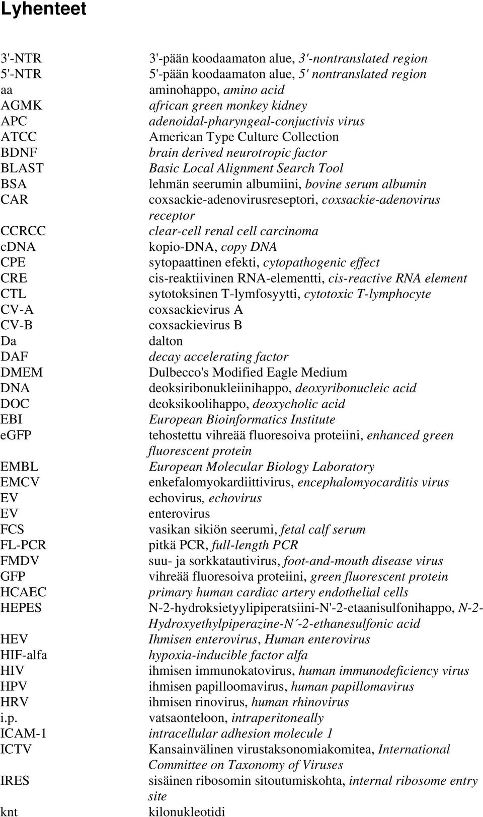 albumin CAR coxsackie-adenovirusreseptori, coxsackie-adenovirus receptor CCRCC clear-cell renal cell carcinoma cdna kopio-dna, copy DNA CPE sytopaattinen efekti, cytopathogenic effect CRE