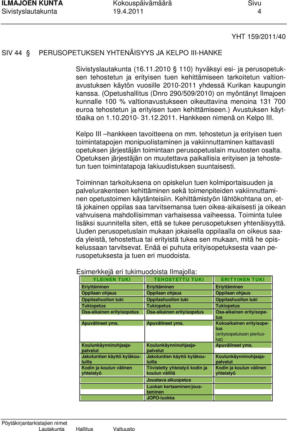 (Opetushallitus (Dnro 290/509/2010) on myöntänyt Ilmajoen kunnalle 100 % valtionavustukseen oikeuttavina menoina 131 700 euroa tehostetun ja erityisen tuen kehittämiseen.) Avustuksen käyttöaika on 1.