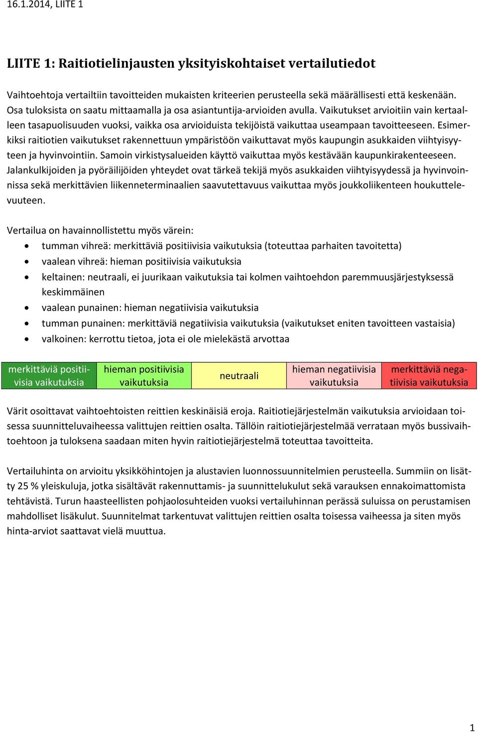 Vaikutukset arvioitiin vain kertaalleen tasapuolisuuden vuoksi, vaikka osa arvioiduista tekijöistä vaikuttaa useampaan tavoitteeseen.