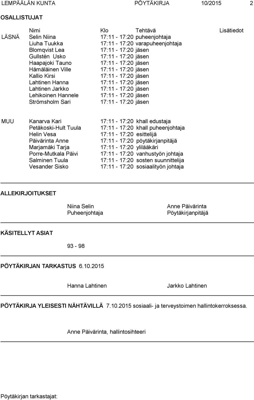 Lehikoinen Hannele 17:11-17:20 jäsen Strömsholm Sari 17:11-17:20 jäsen MUU Kanarva Kari 17:11-17:20 khall edustaja Petäkoski-Hult Tuula 17:11-17:20 khall puheenjohtaja Helin Vesa 17:11-17:20