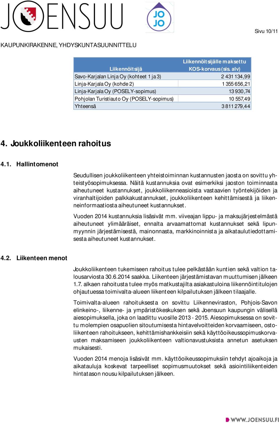 Yhteensä 3 811 279,44 4. Joukkoliikenteen rahoitus 4.1. Hallintomenot Seudullisen joukkoliikenteen yhteistoiminnan kustannusten jaosta on sovittu yhteistyösopimuksessa.