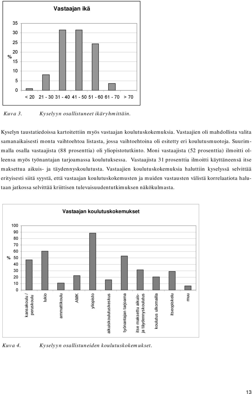 Suurimmalla osalla vastaajista (88 prosenttia) oli yliopistotutkinto. Moni vastaajista (52 prosenttia) ilmoitti olleensa myös työnantajan tarjoamassa koulutuksessa.