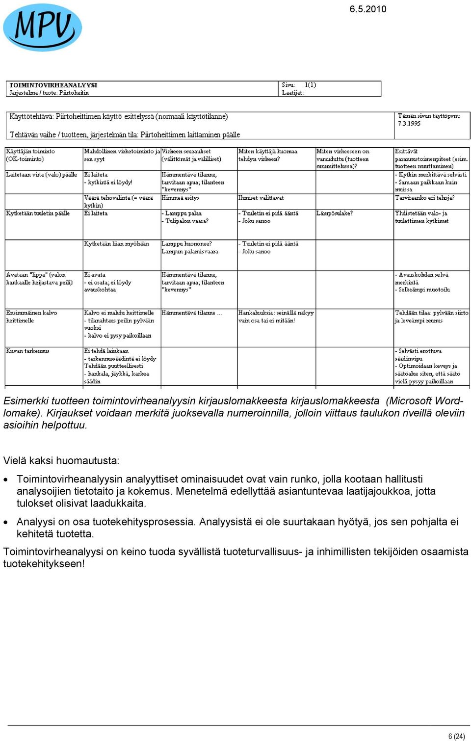 Vielä kaksi huomautusta: Toimintovirheanalyysin analyyttiset ominaisuudet ovat vain runko, jolla kootaan hallitusti analysoijien tietotaito ja kokemus.