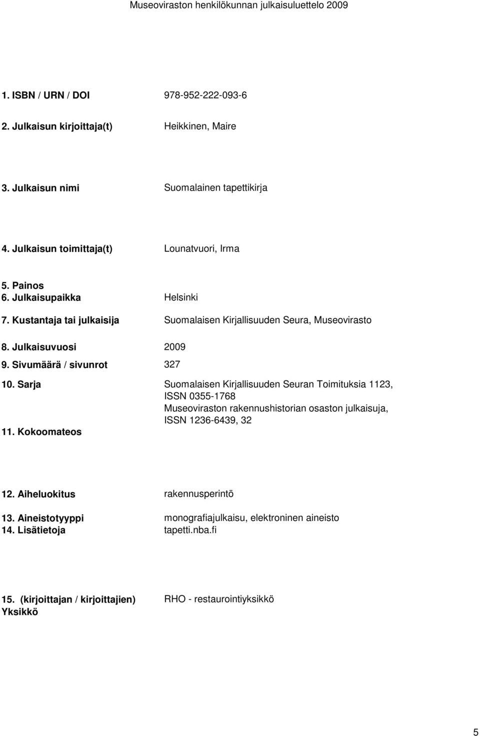 Toimituksia 1123, ISSN 0355-1768 Museoviraston rakennushistorian osaston julkaisuja, ISSN