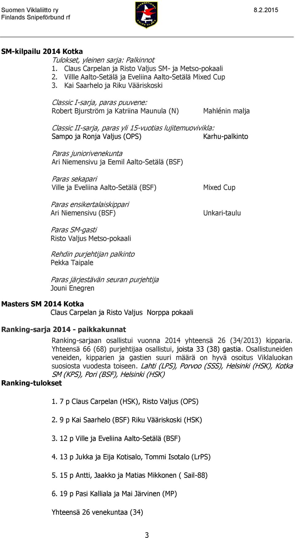 (OPS) Karhu-palkinto Paras juniorivenekunta Ari Niemensivu ja Eemil Aalto-Setälä (BSF) Paras sekapari Ville ja Eveliina Aalto-Setälä (BSF) Paras ensikertalaiskippari Ari Niemensivu (BSF) Mixed Cup