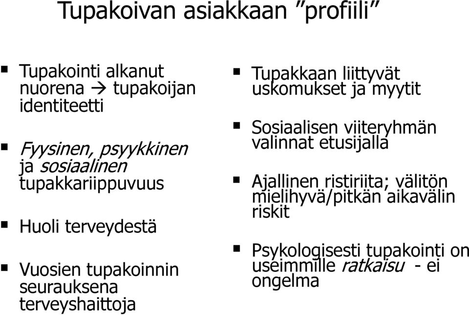 Tupakkaan liittyvät uskomukset ja myytit Sosiaalisen viiteryhmän valinnat etusijalla Ajallinen