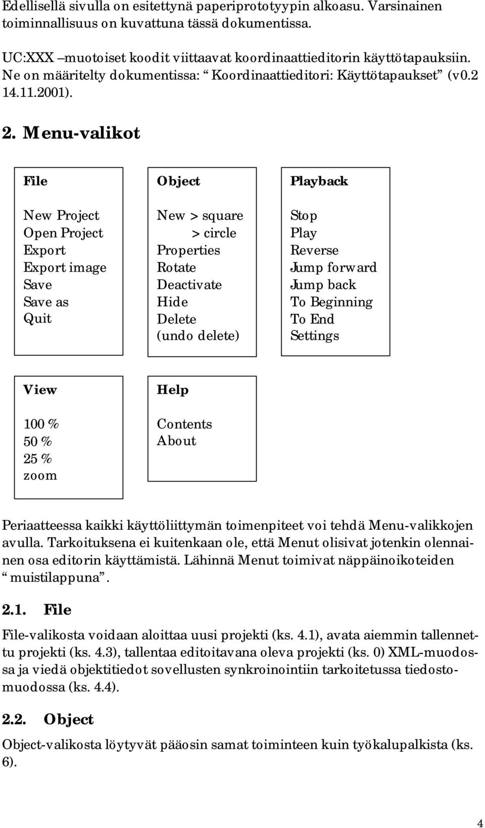 Menu-valikot File New Project Open Project Export Export image Save Save as Quit Object New > square > circle Properties Rotate Deactivate Hide Delete (undo delete) Playback Stop Play Reverse Jump