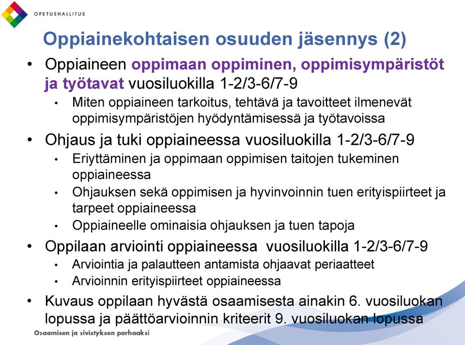 oppimisen ja hyvinvoinnin tuen erityispiirteet ja tarpeet oppiaineessa Oppiaineelle ominaisia ohjauksen ja tuen tapoja Oppilaan arviointi oppiaineessa vuosiluokilla 1-2/3-6/7-9 Arviointia ja