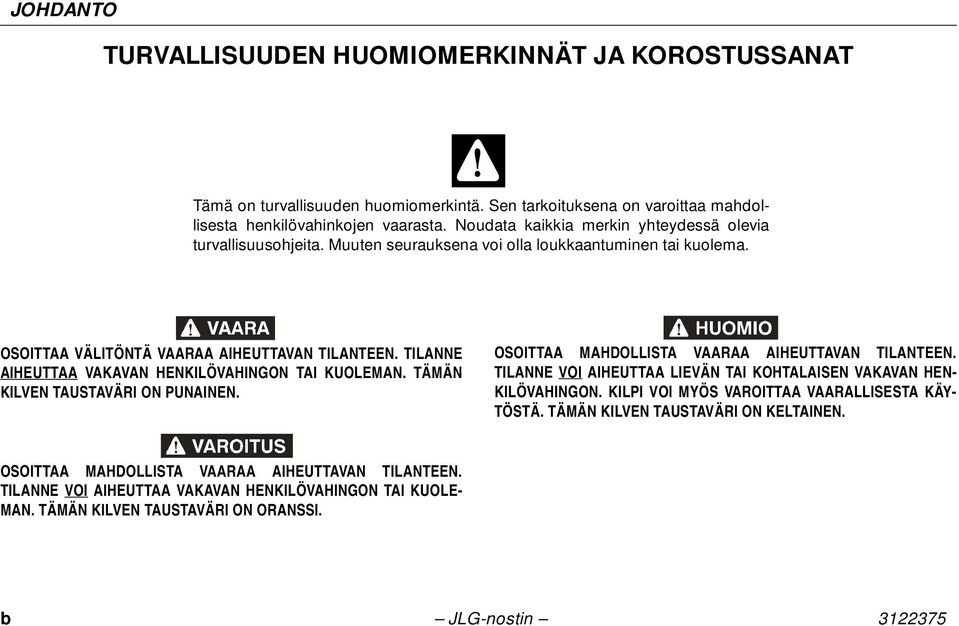 TILANNE AIHEUTTAA VAKAVAN HENKILÖVAHINGON TAI KUOLEMAN. TÄMÄN KILVEN TAUSTAVÄRI ON PUNAINEN. OSOITTAA MAHDOLLISTA VAARAA AIHEUTTAVAN TILANTEEN.