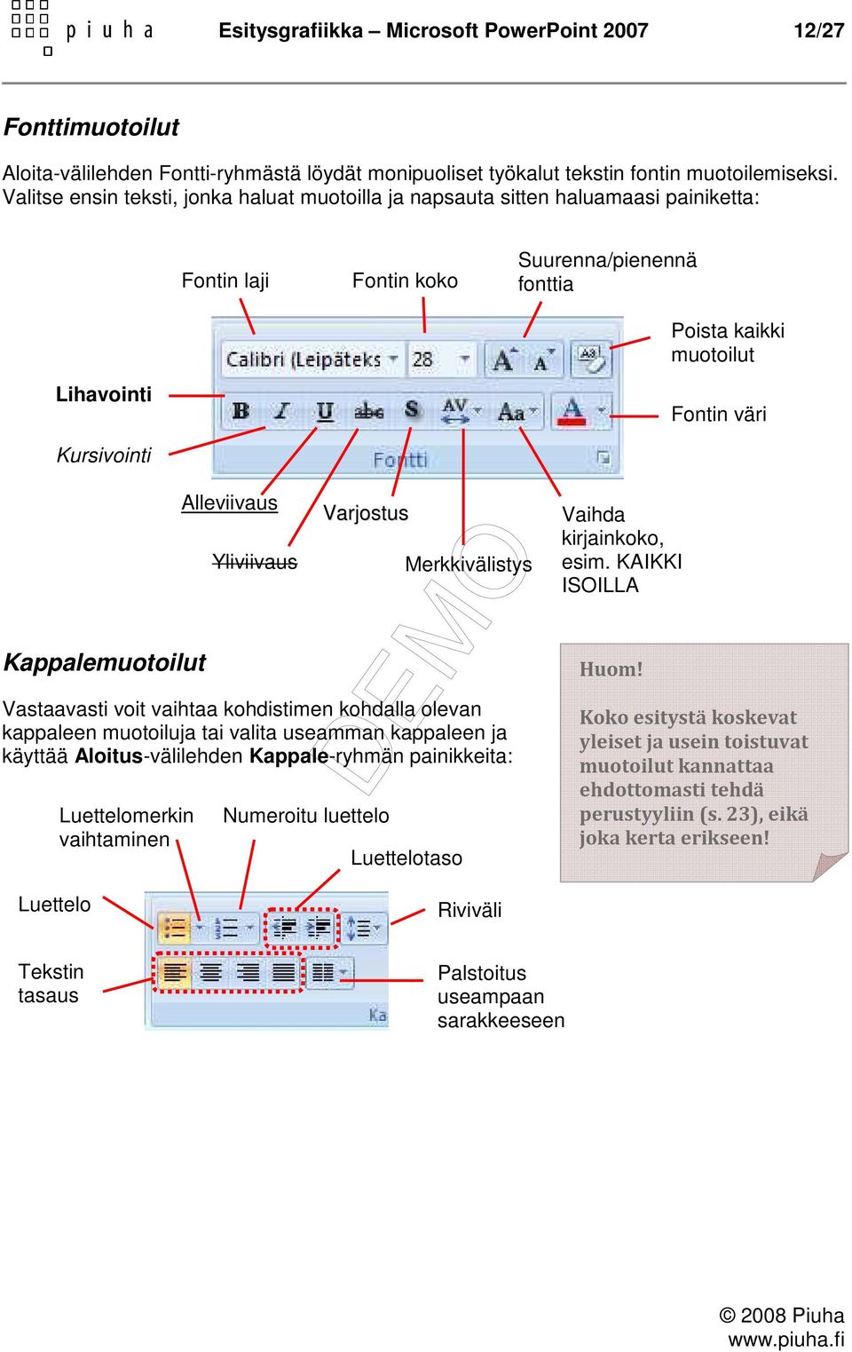 Alleviivaus Yliviivaus Varjostus Merkkivälistys Vaihda kirjainkoko, esim. KAIKKI ISOILLA Kappalemuotoilut Huom!