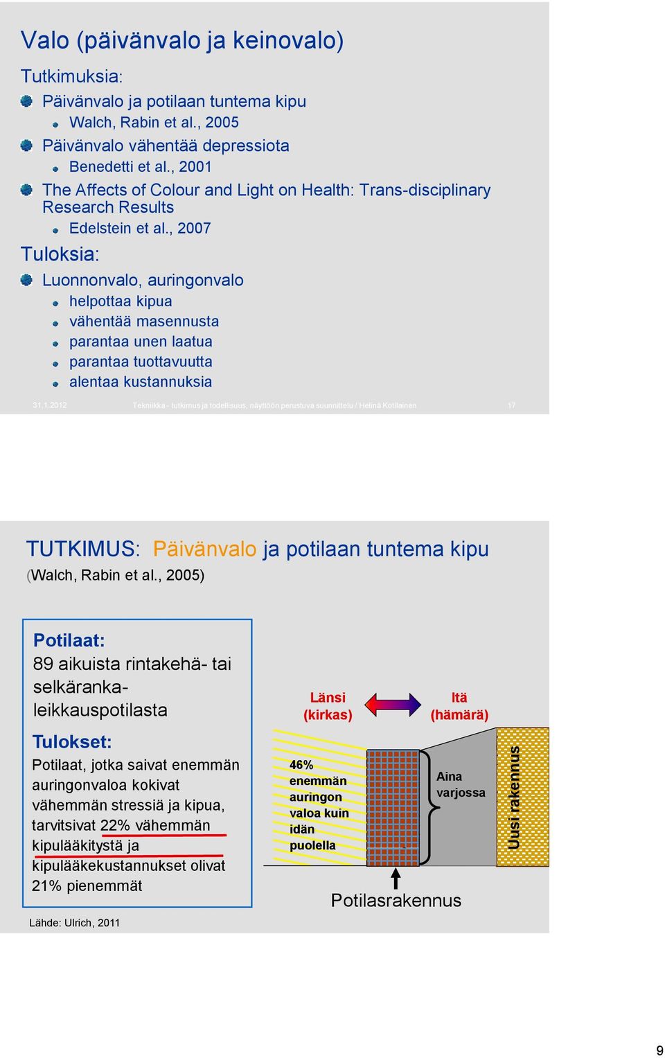 , 2007 Tuloksia: Luonnonvalo, auringonvalo helpottaa kipua vähentää masennusta parantaa unen laatua parantaa tuottavuutta alentaa kustannuksia 31.