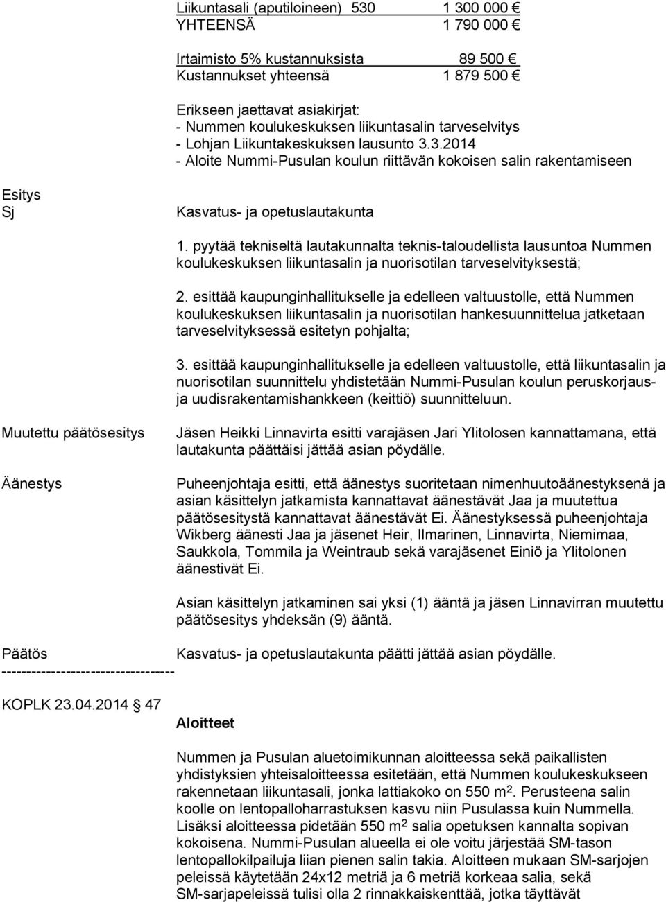 esittää kaupunginhallitukselle ja edelleen valtuustolle, että Nummen koulukeskuksen liikuntasalin ja nuorisotilan hankesuunnittelua jatketaan tarveselvityksessä esitetyn pohjalta; 3.