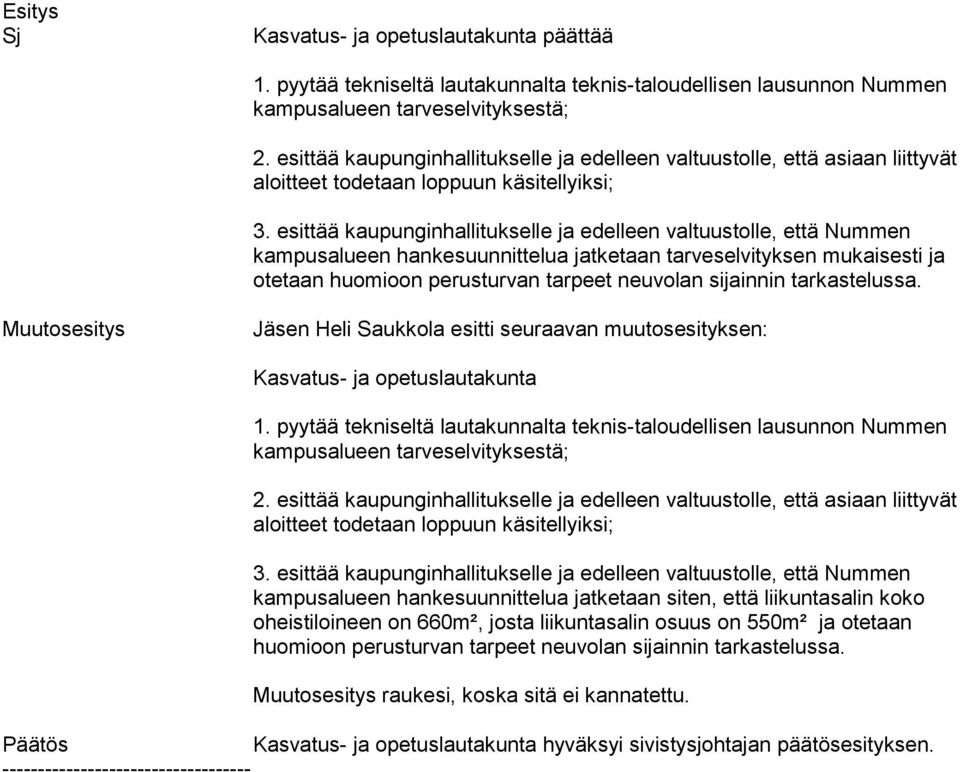 esittää kaupunginhallitukselle ja edelleen valtuustolle, että Nummen kampusalueen hankesuunnittelua jatketaan tarveselvityksen mukaisesti ja otetaan huomioon perusturvan tarpeet neuvolan sijainnin