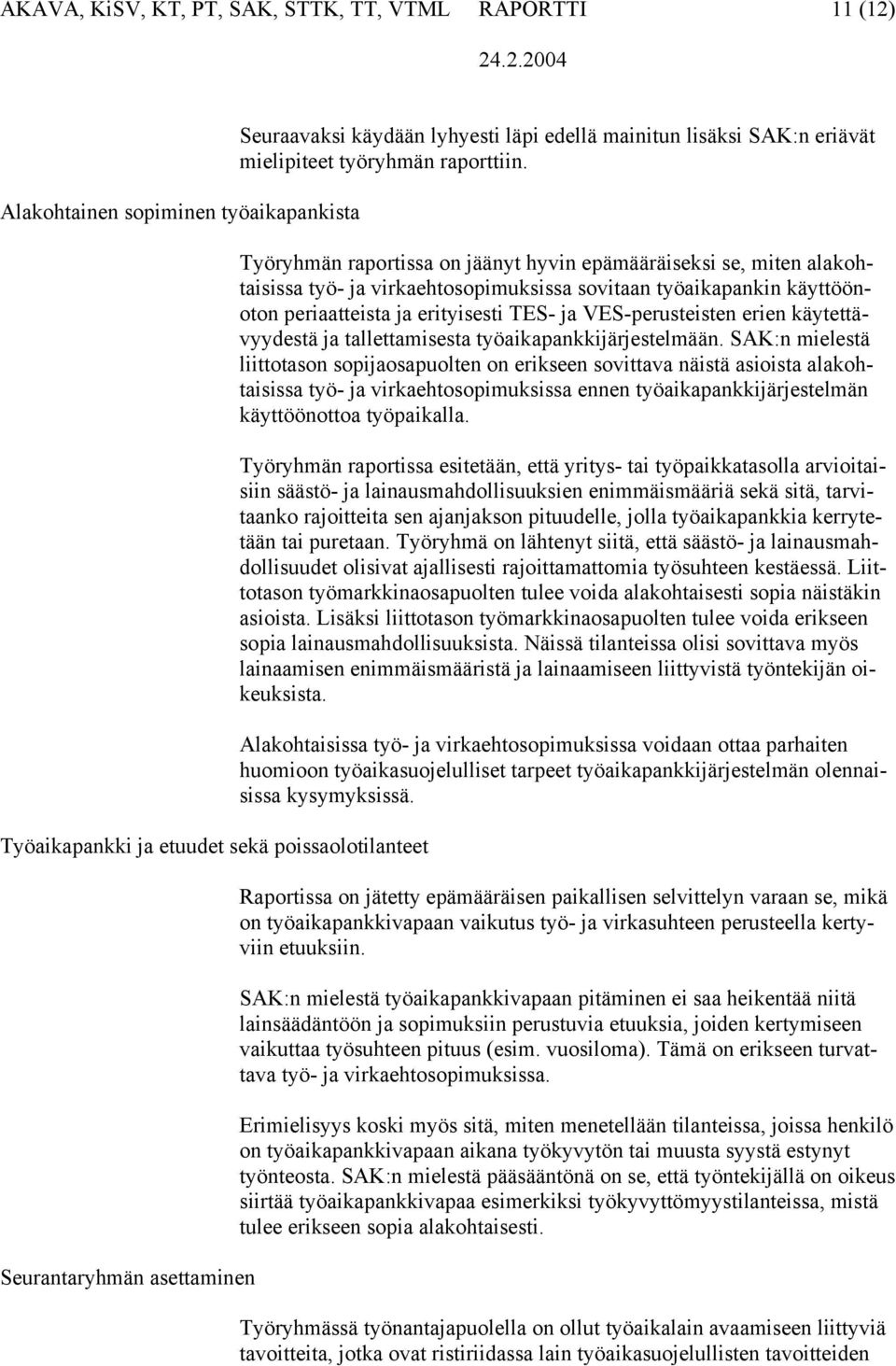 Työryhmän raportissa on jäänyt hyvin epämääräiseksi se, miten alakohtaisissa työ- ja virkaehtosopimuksissa sovitaan työaikapankin käyttöönoton periaatteista ja erityisesti TES- ja VES-perusteisten
