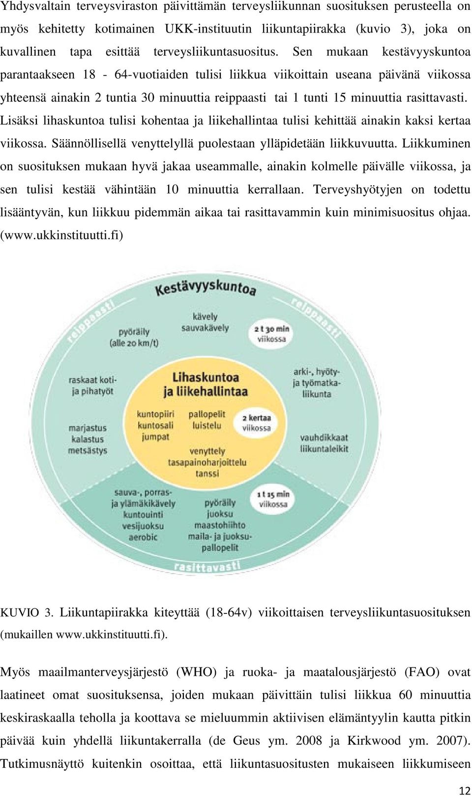 Sen mukaan kestävyyskuntoa parantaakseen 18-64-vuotiaiden tulisi liikkua viikoittain useana päivänä viikossa yhteensä ainakin 2 tuntia 30 minuuttia reippaasti tai 1 tunti 15 minuuttia rasittavasti.