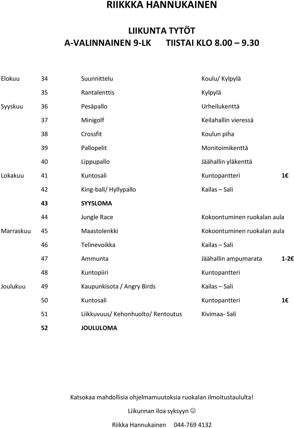 Jäähallin yläkenttä Lokakuu 41 Kuntosali Kuntopantteri 1 42 King-ball/ Hyllypallo Kailas Sali 44 Jungle Race Kokoontuminen ruokalan aula Marraskuu 45 Maastolenkki Kokoontuminen ruokalan aula 46