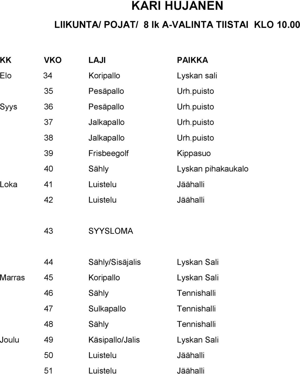 puisto 39 Frisbeegolf Kippasuo 40 Sähly Lyskan pihakaukalo Loka 41 Luistelu Jäähalli 42 Luistelu Jäähalli 44 Sähly/Sisäjalis