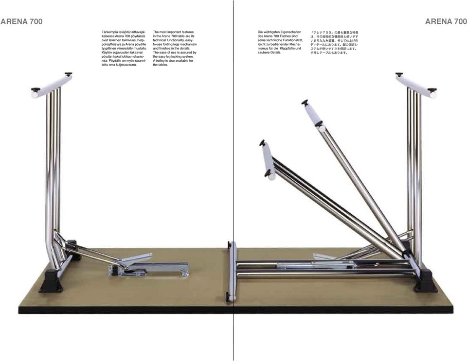 The most important features in the Arena 700 table are its technical functionality, easyto-use folding legs mechanism and finishes in the details.