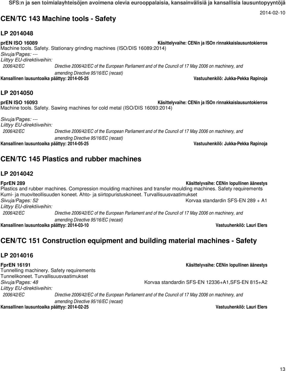 Stationary grinding machines (ISO/DIS 16089:2014) 2006/42/EC Directive 2006/42/EC of the European Parliament and of the Council of 17 May 2006 on machinery, and amending Directive 95/16/EC (recast)