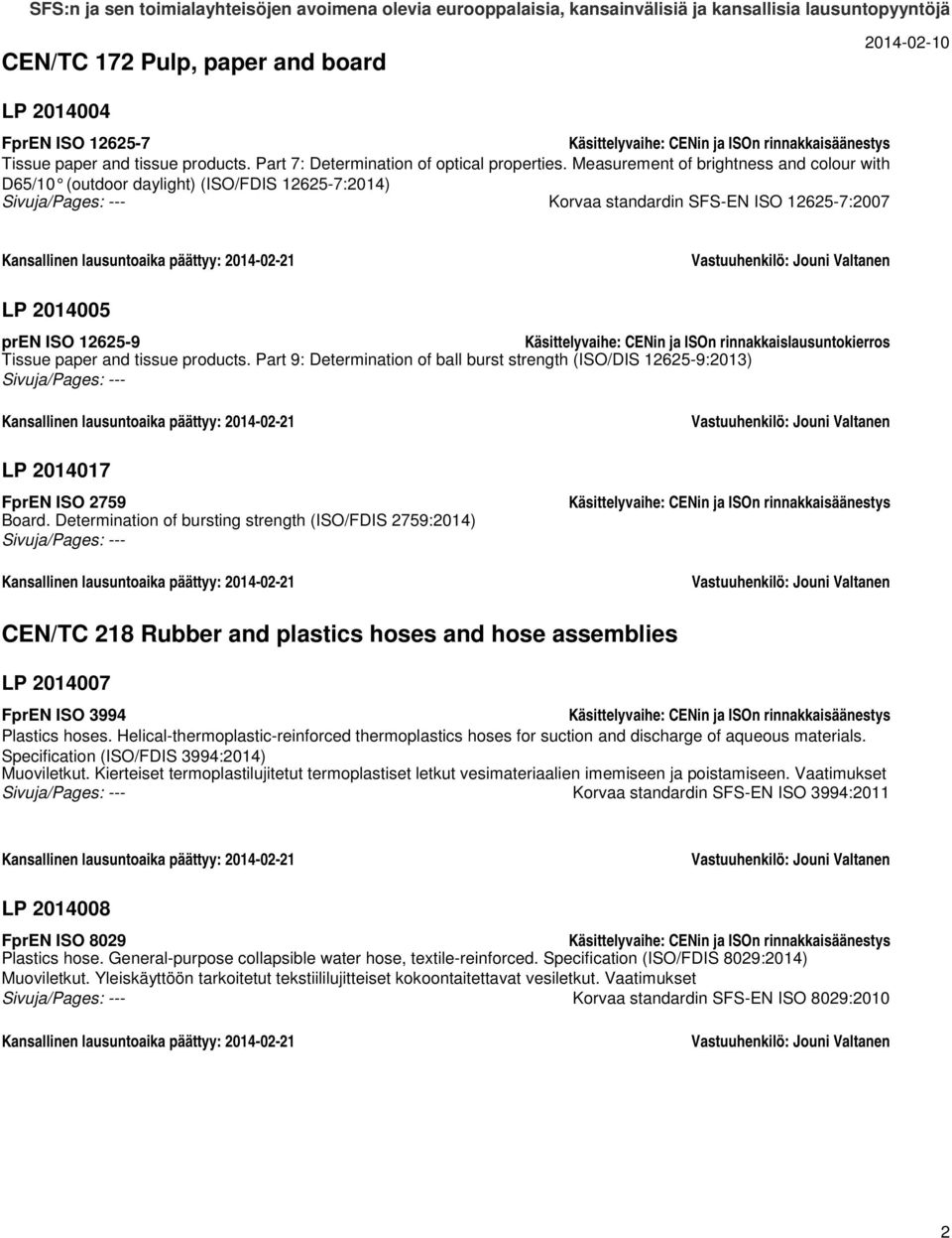 12625-9 Tissue paper and tissue products. Part 9: Determination of ball burst strength (ISO/DIS 12625-9:2013) Kansallinen lausuntoaika päättyy: 2014-02-21 LP 2014017 FprEN ISO 2759 Board.