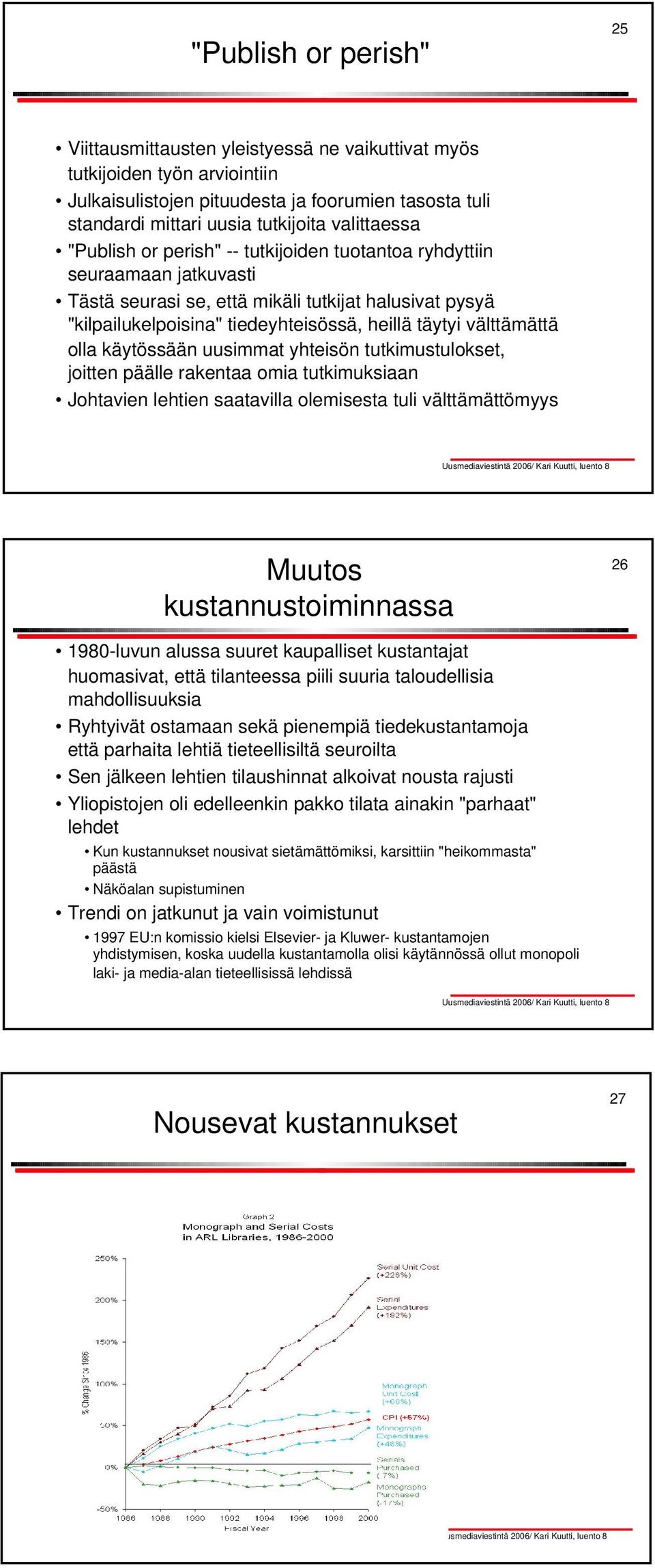 välttämättä olla käytössään uusimmat yhteisön tutkimustulokset, joitten päälle rakentaa omia tutkimuksiaan Johtavien lehtien saatavilla olemisesta tuli välttämättömyys Muutos kustannustoiminnassa 26