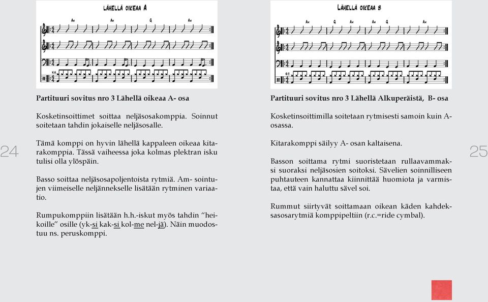 Basso soittaa neljäsosapoljentoista rytmiä. Am- sointujen viimeiselle neljännekselle lisätään rytminen variaatio. Rumpukomppiin lisätään h.