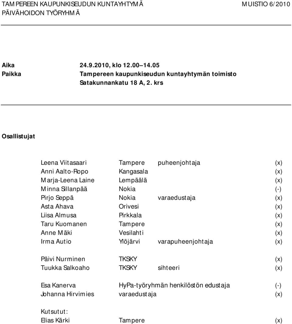 Seppä Nokia varaedustaja (x) Asta Ahava Orivesi (x) Liisa Almusa Pirkkala (x) Taru Kuomanen Tampere (x) Anne Mäki Vesilahti (x) Irma Autio Ylöjärvi