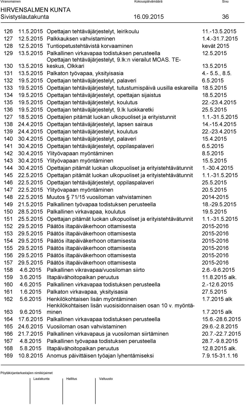 - 5.5., 8.5. 132 19.5.2015 Opettajan tehtäväjärjestelyt, palaveri 6.5.2015 133 19.5.2015 Opettajan tehtäväjärjestelyt, tutustumispäivä uusilla eskareilla 18.5.2015 134 19.5.2015 Opettajan tehtäväjärjestelyt, opettajan sijaistus 18.