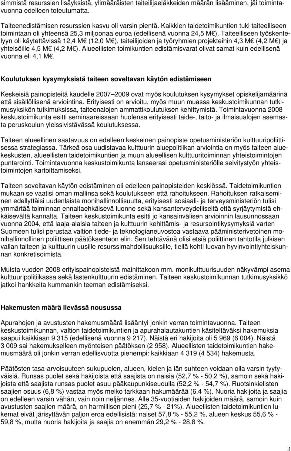 Taiteelliseen työskentelyyn oli käytettävissä 12,4 M (12,0 M ), taiteilijoiden ja työryhmien projekteihin 4,3 M (4,2 M ) ja yhteisöille 4,5 M (4,2 M ).