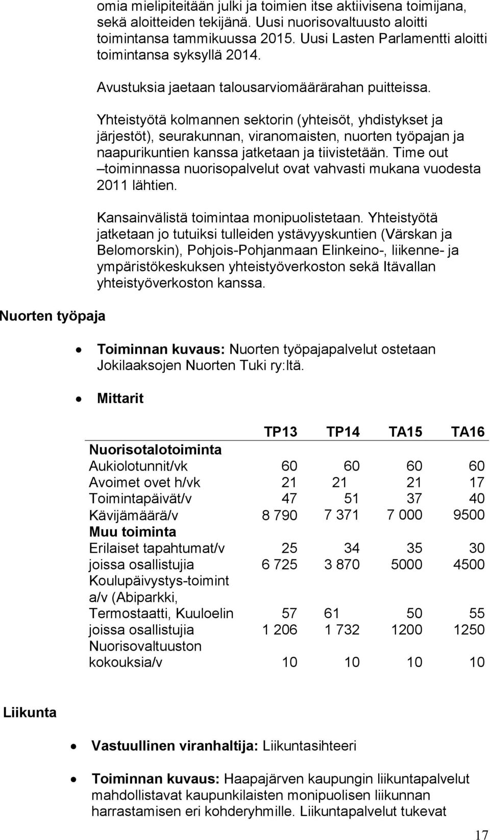 Yhteistyötä kolmannen sektorin (yhteisöt, yhdistykset ja järjestöt), seurakunnan, viranomaisten, nuorten työpajan ja naapurikuntien kanssa jatketaan ja tiivistetään.