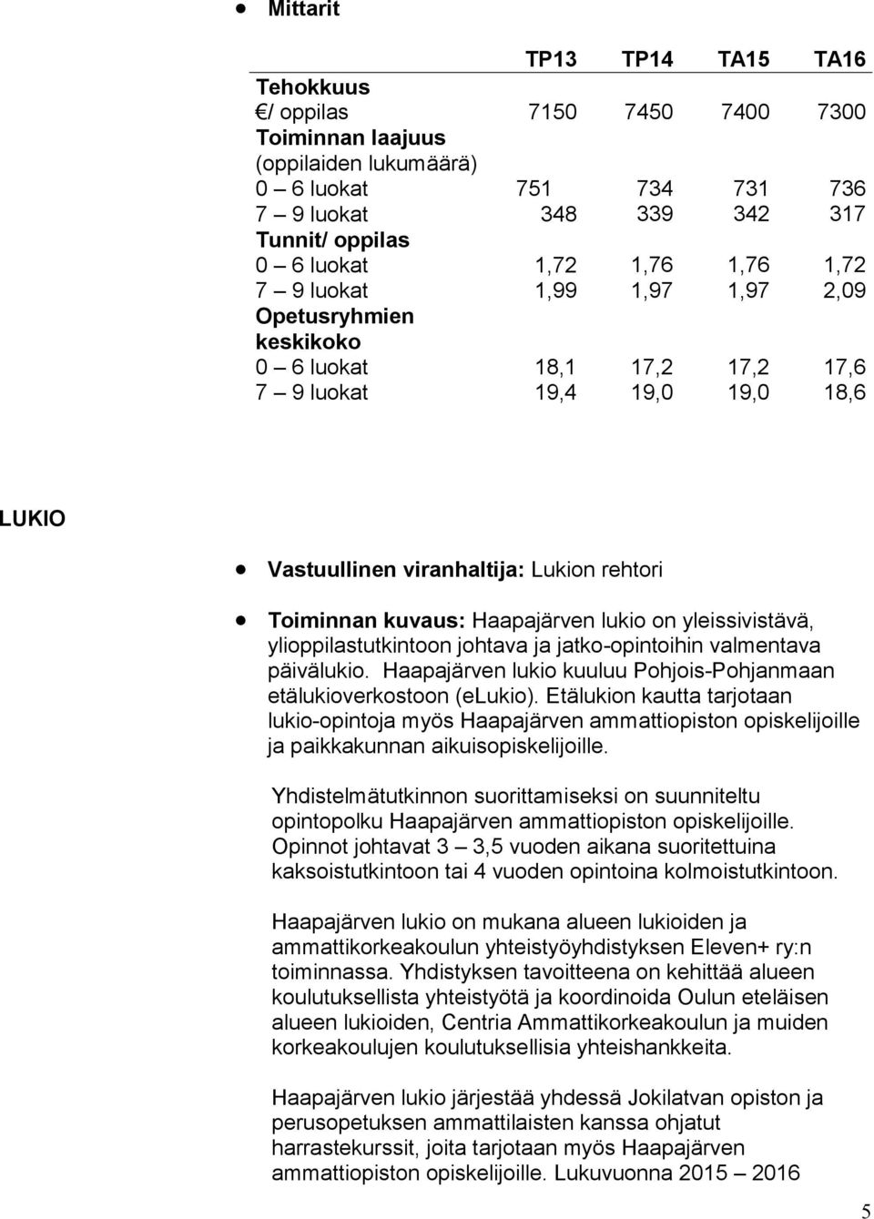 yleissivistävä, ylioppilastutkintoon johtava ja jatko-opintoihin valmentava päivälukio. Haapajärven lukio kuuluu Pohjois-Pohjanmaan etälukio verkostoon (elukio).