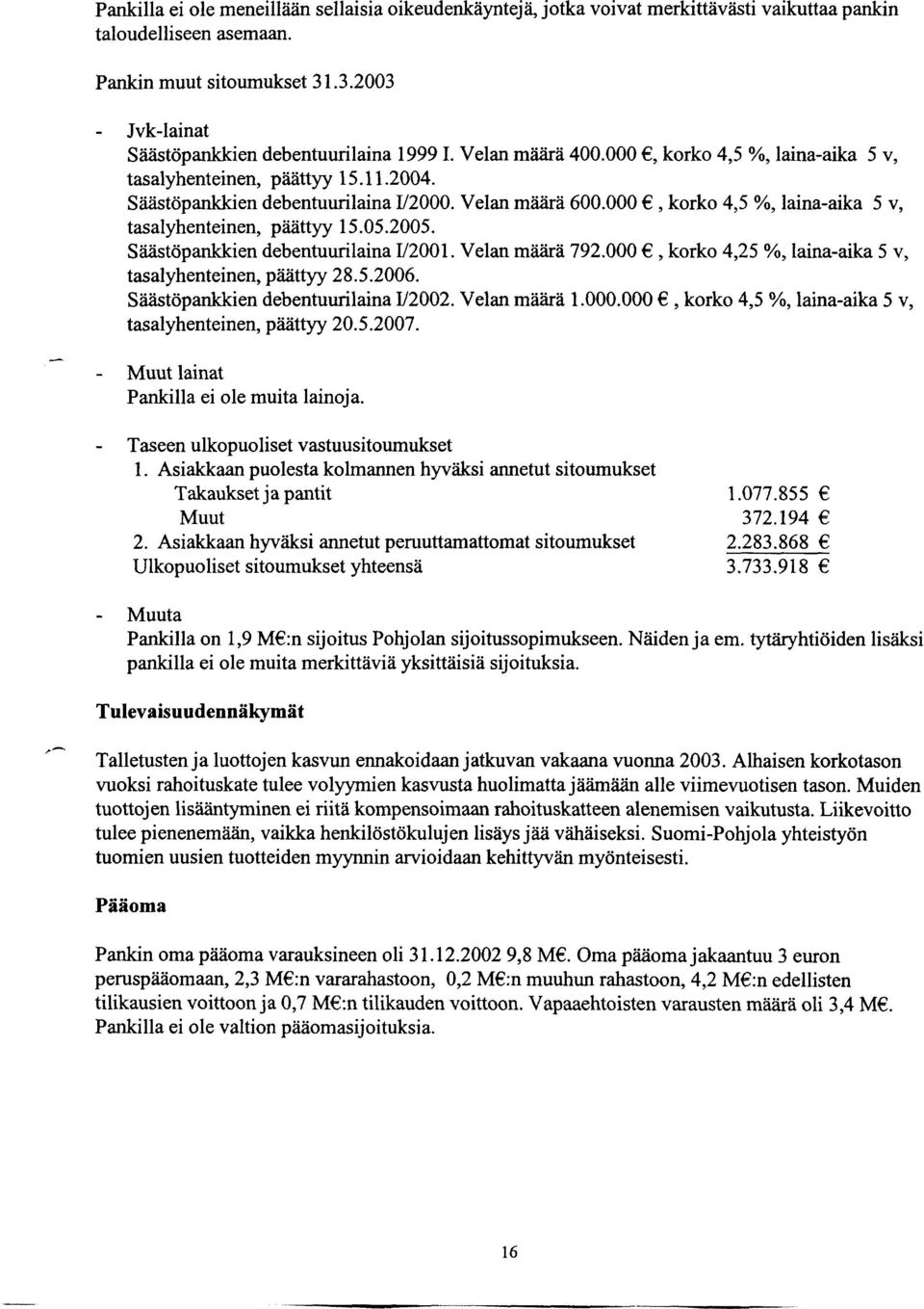 Velan määrä 600.000, korko 4,5 %, laina-aika 5 v, tasalyhenteinen, päättyy 15.05.2005. Säästöpankkien debentuurilaina V2001. Velan määrä 792.