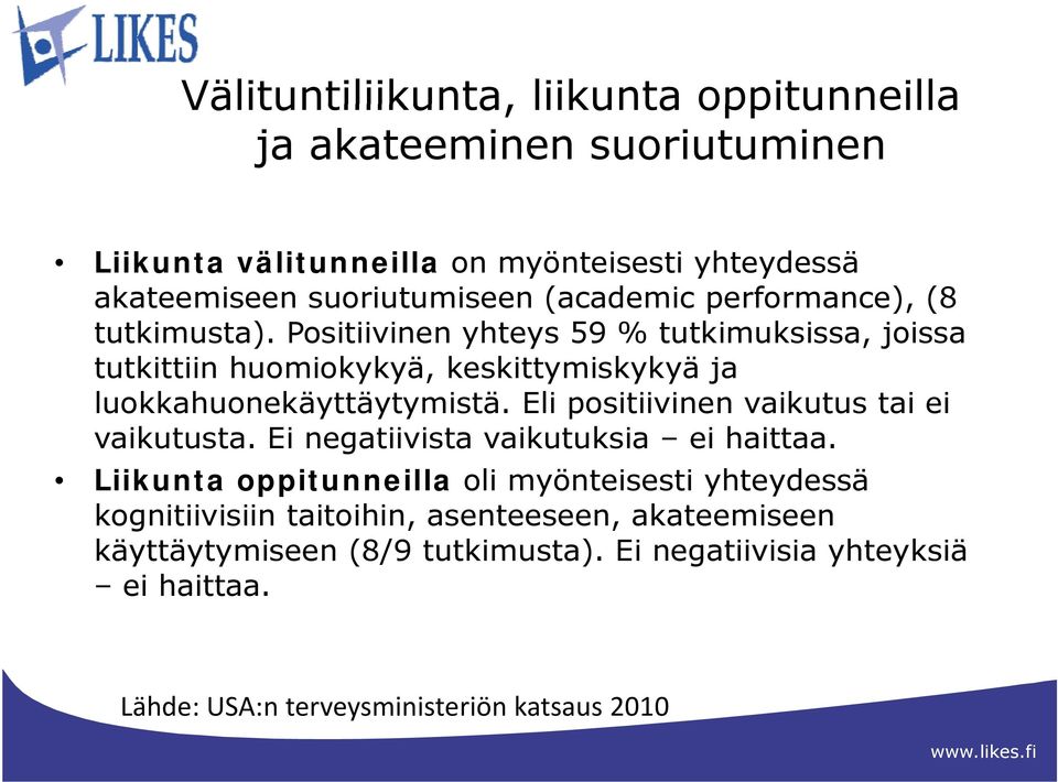 Positiivinen yhteys 59 % tutkimuksissa, joissa tutkittiin huomiokykyä, keskittymiskykyä ja luokkahuonekäyttäytymistä.